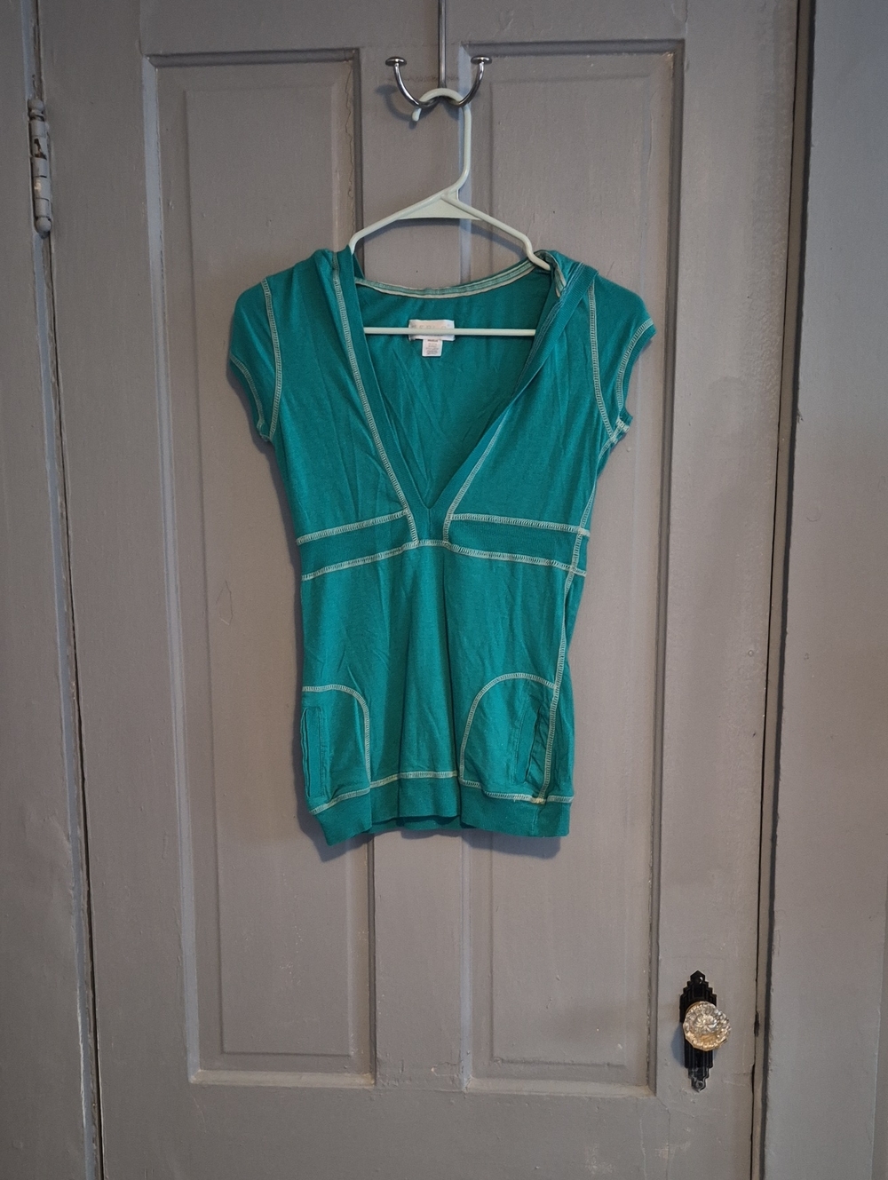 Women's Teal V-Neck Hooded Tank with Contrast Stitching
